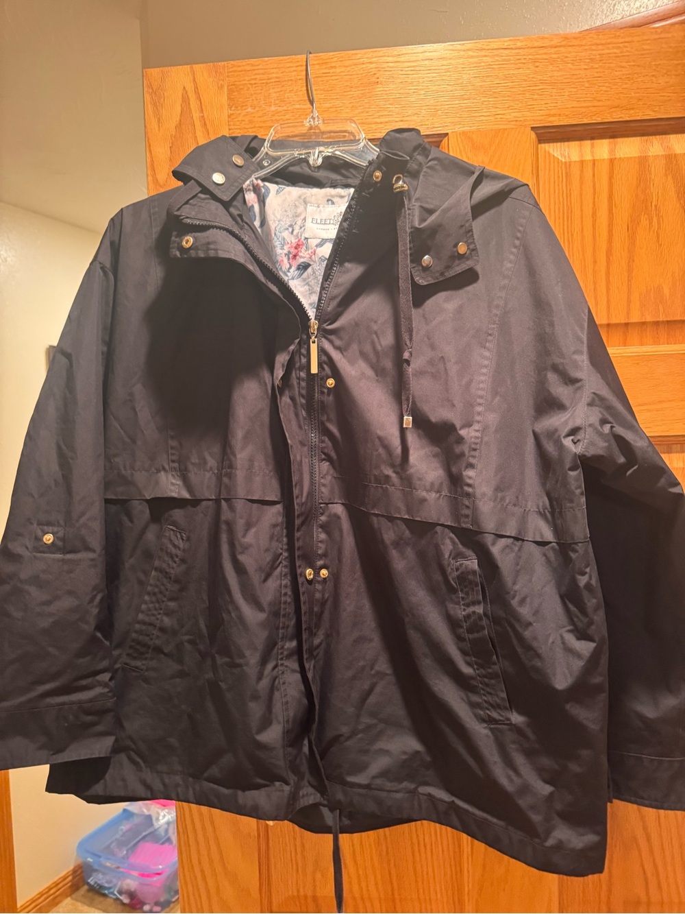 Women's Black Hooded Rain Jacket with Floral Lining